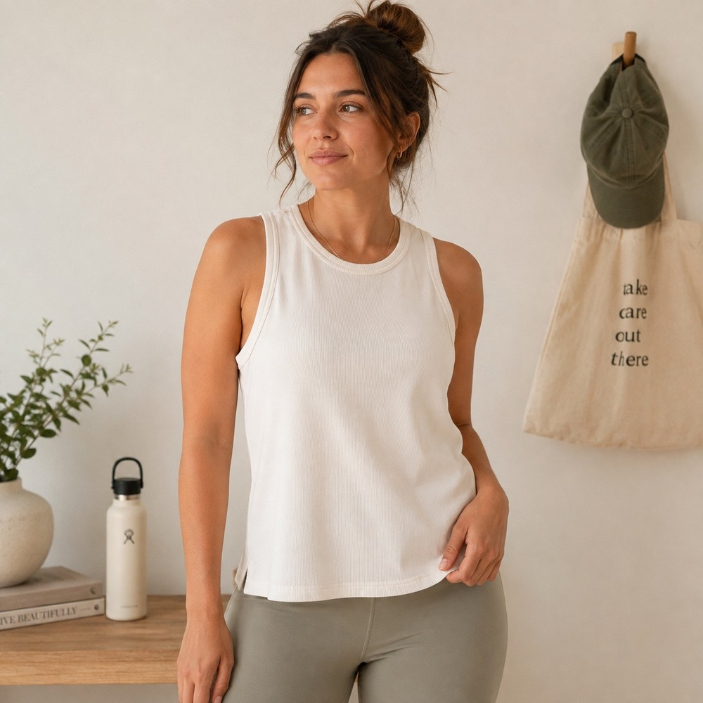 Pact Womens Organic Cotton Ribbed Tank Top Sz L White Stretch Minimalist Granola